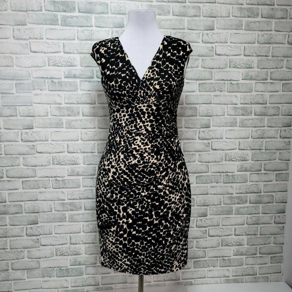Lauren Ralph Lauren 8 Leopard Dress‎ Sleeveless VNeck Ruched Bodycon Cocktail